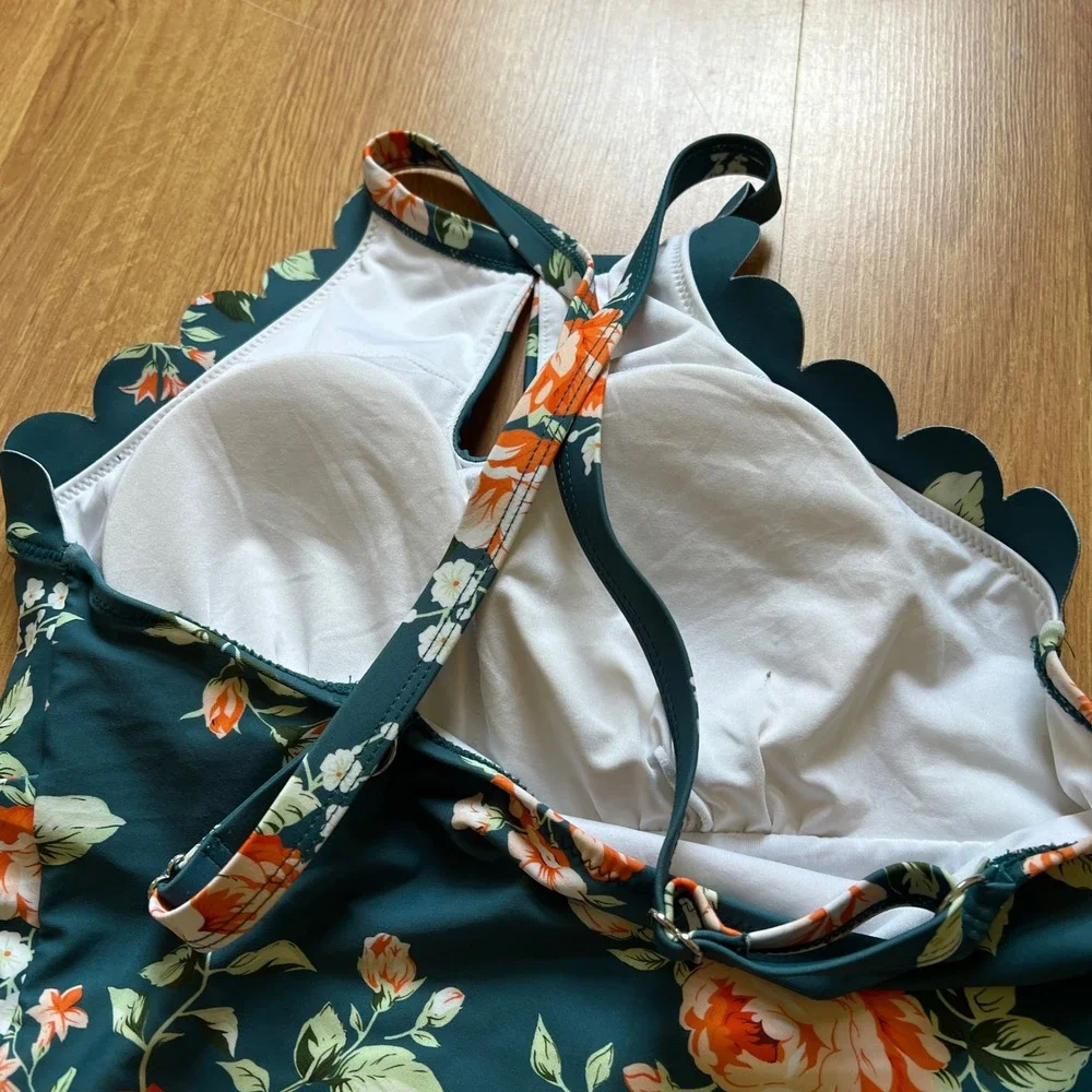 Teal Floral Scalloped High Neck One Piece Swimsuit with Keyhole Cutout Boho